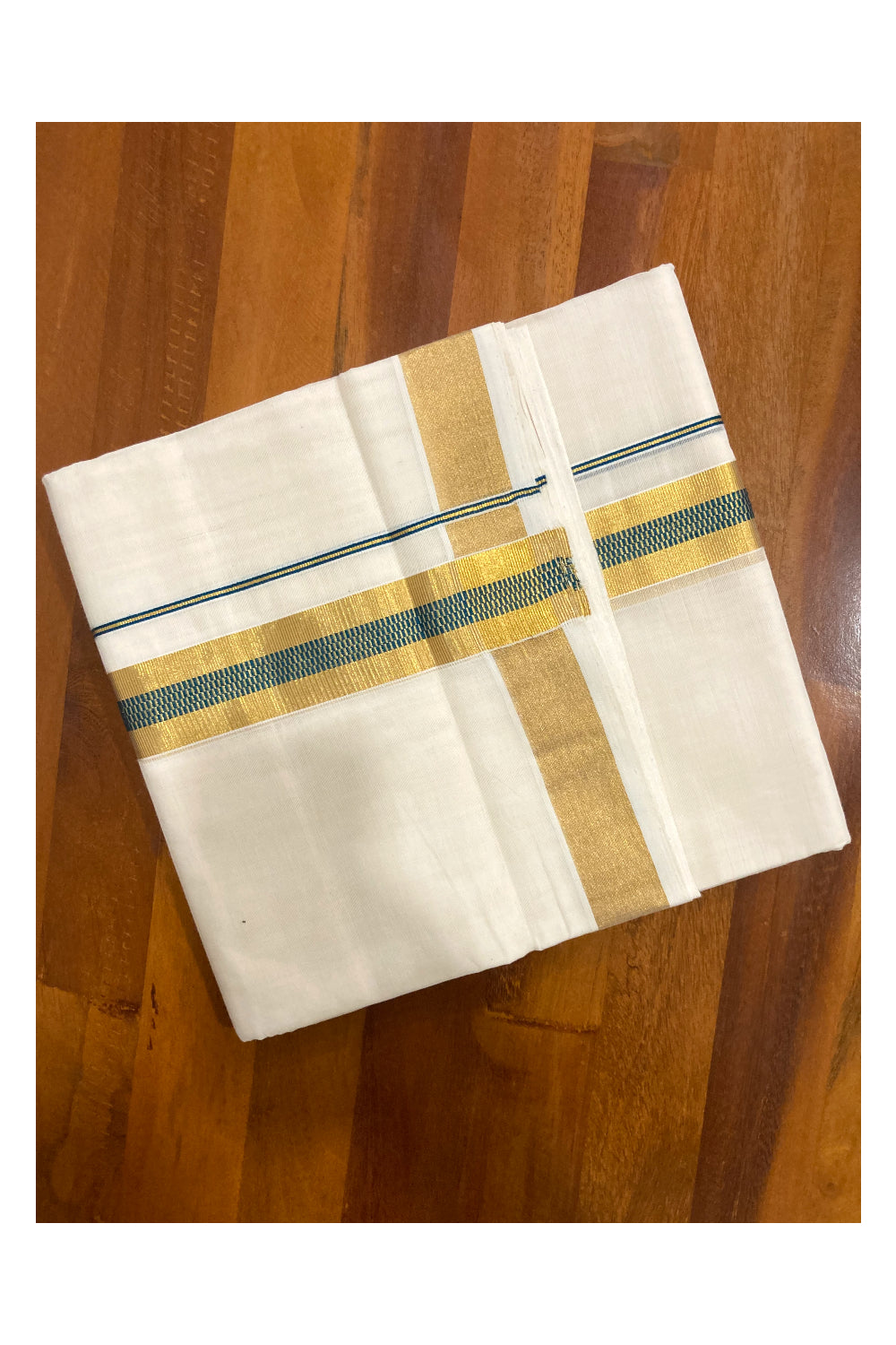 Southloom Premium Handloom Pure Cotton Mundu with Kasavu and Blue Border (South Indian Dhoti)