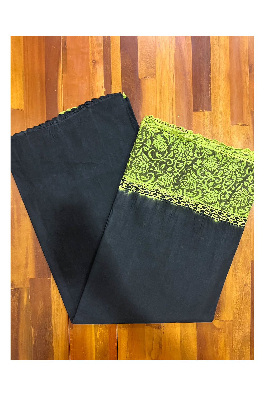 Southloom Pure Cotton Black Saree with Designer Green Crochet works on Border