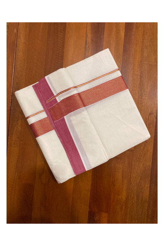 Off White Kerala Double Mundu with Kasavu and Dark Red Line Border (South Indian Dhoti)