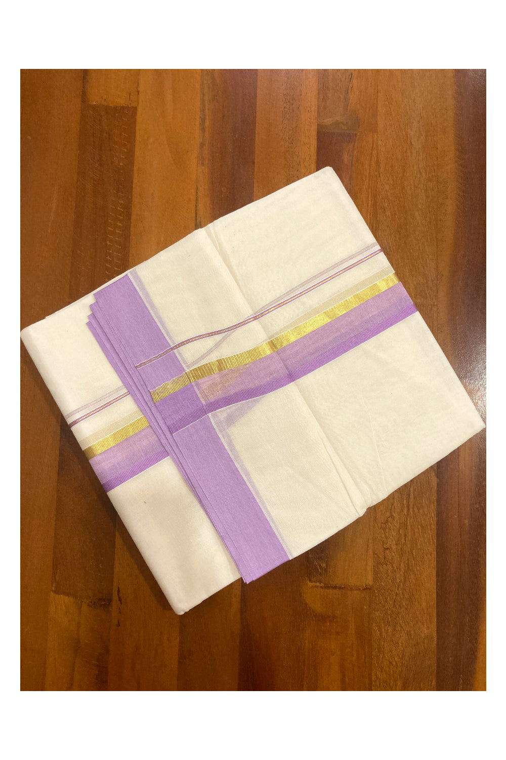 Pure Cotton Off White Double Mundu with Violet and Kasavu Border (South Indian Dhoti)