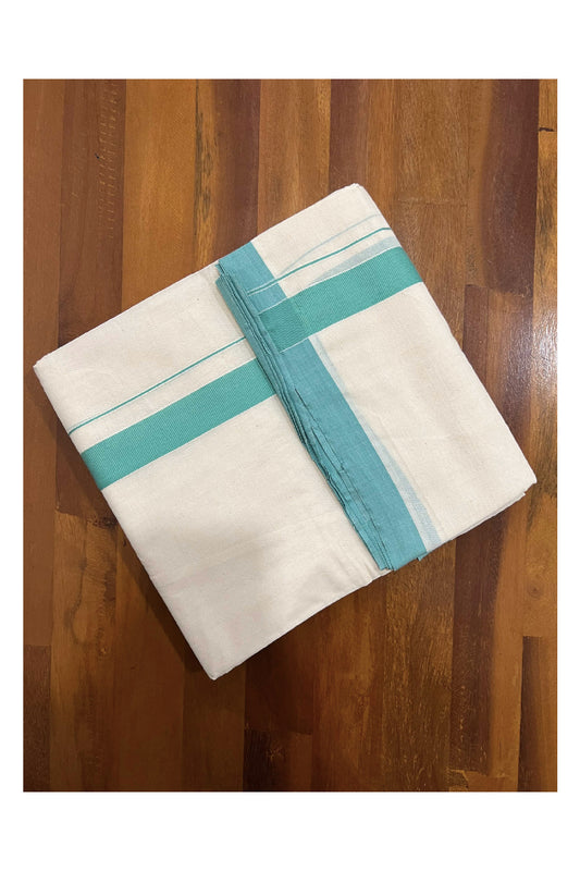 Off White Pure Cotton Double Mundu with Turquoise Kara (South Indian Dhoti)