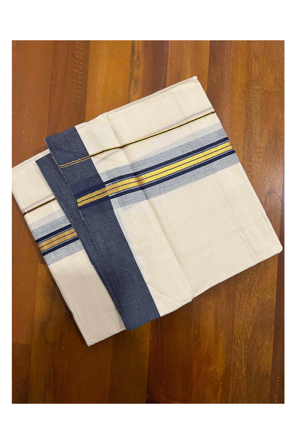 Off White Kerala Double Mundu with Kasavu and Navy Blue Border (South Indian Dhoti)