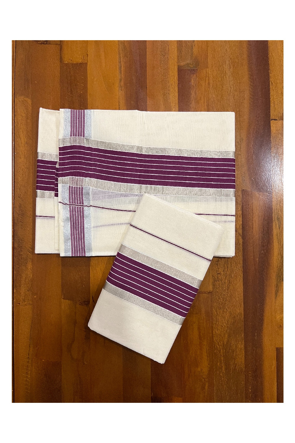 Kerala Cotton Mundum Neriyathum Single (Set Mundu) with Purple and Silver Kasavu Border