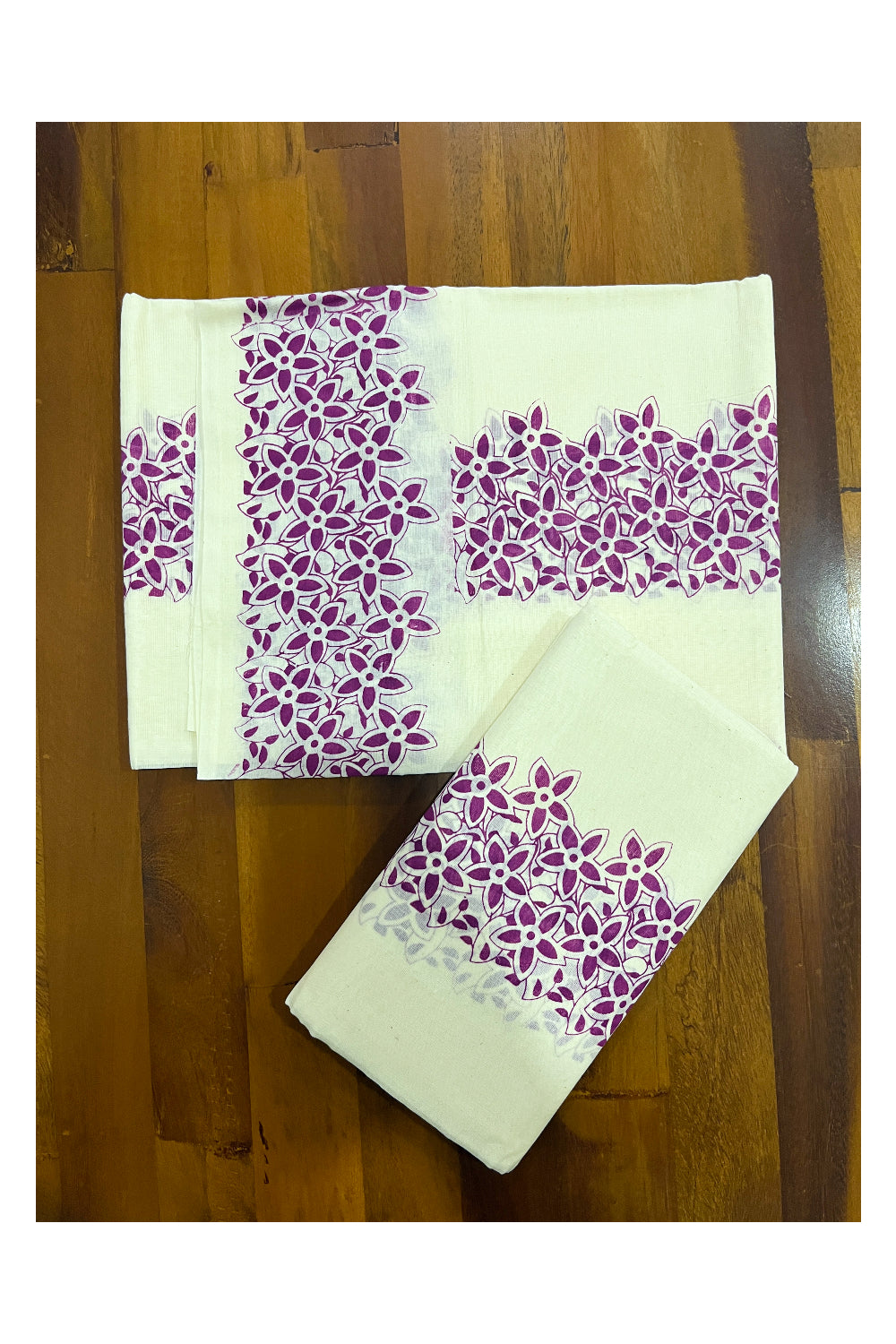 Kerala Cotton Set Mundu (Mundum Neriyathum) with Magenta Floral Block Printed Border