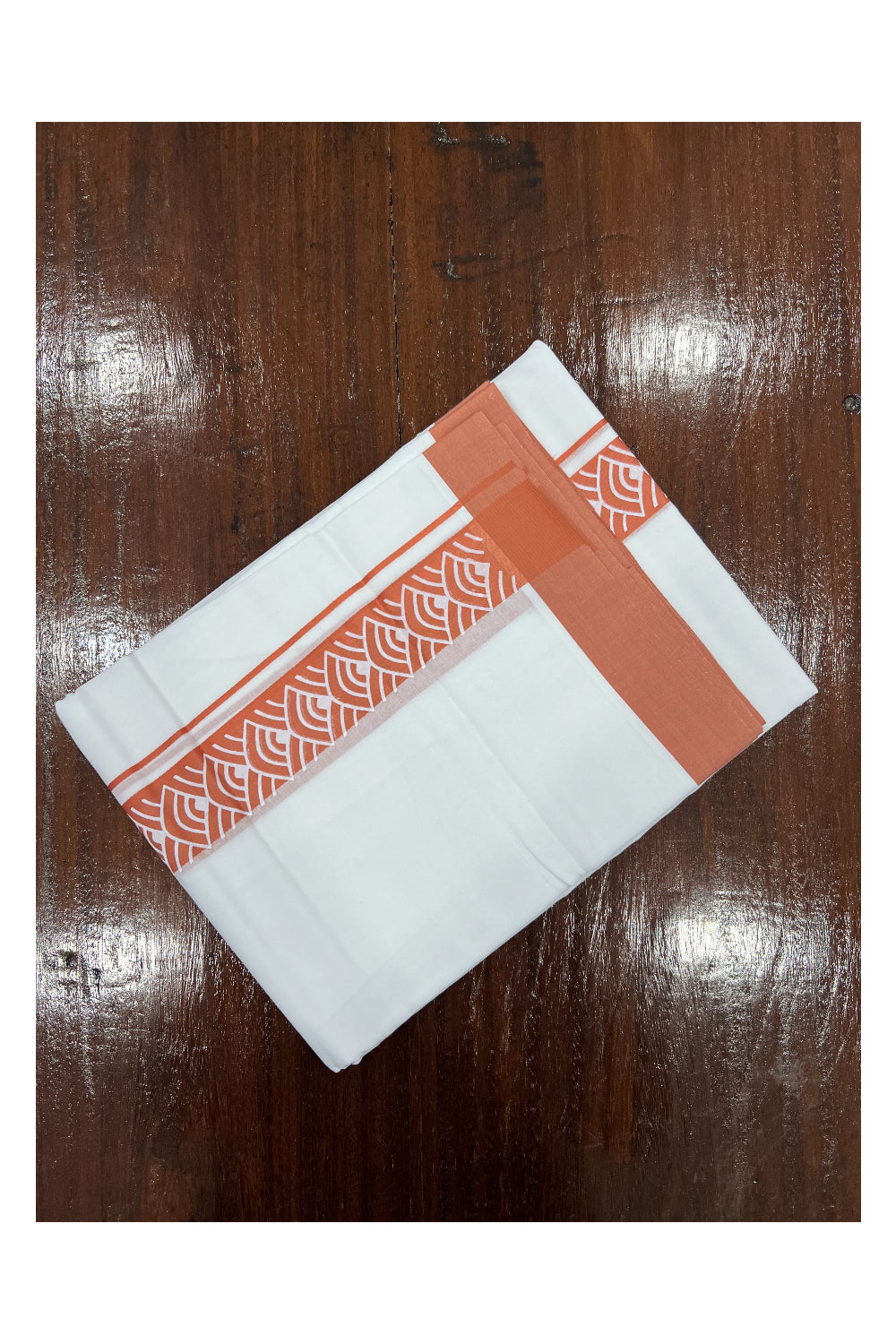 Pure White Cotton Double Mundu with Orange Block Printed Border (South Indian Kerala Dhoti)