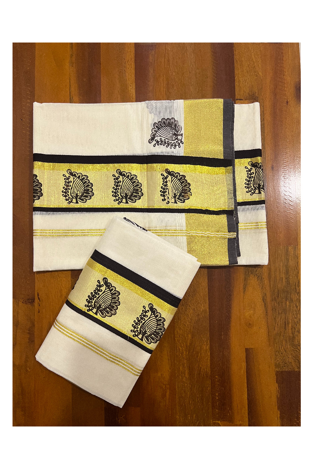 Kerala Cotton Set Mundu (Mundum Neriyathum) with Dark Brown Leaf Block Prints and Kasavu Border