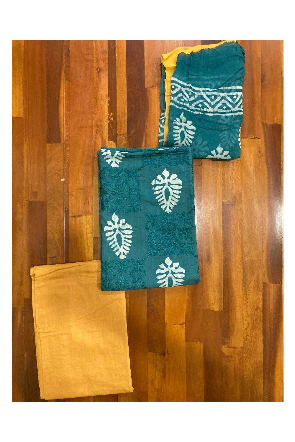 Southloom™ Cotton Churidar Salwar Suit Material in Green and Thread Works