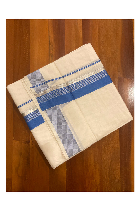 Off White Pure Cotton Double Mundu with Silver Kasavu and Blue Border (South Indian Dhoti)