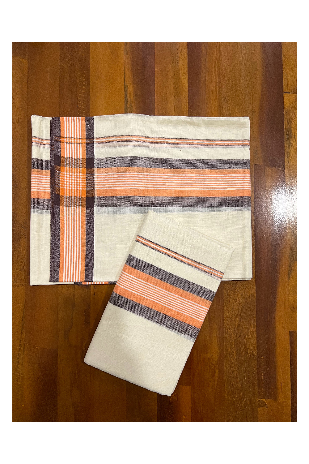 Kerala Cotton Mundum Neriyathum Single (Set Mundu) with Brown and Orange Mulloth Border (Extra Soft Cotton)