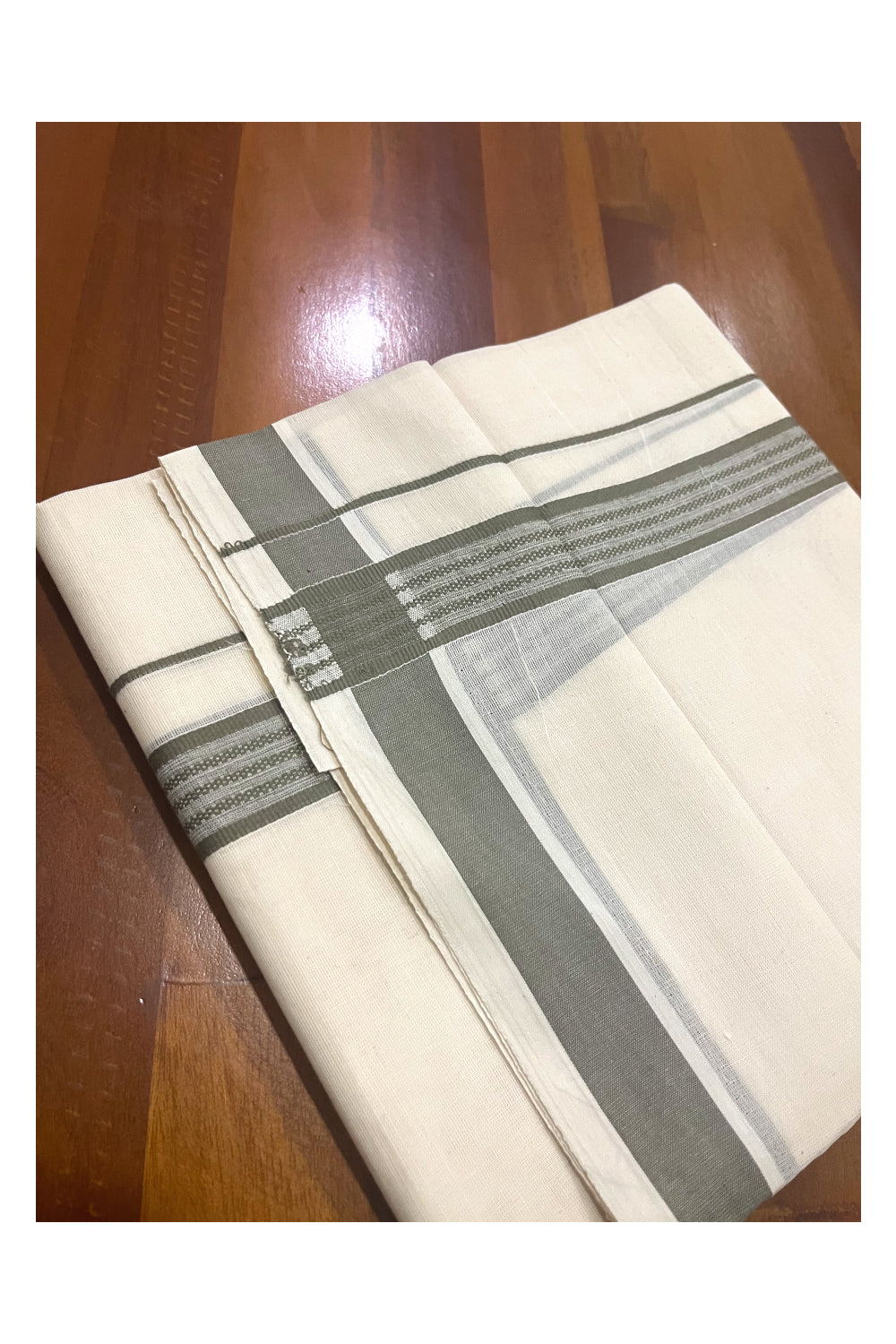 Pure Cotton Off White Double Mundu with Grey Border (South Indian Dhoti)