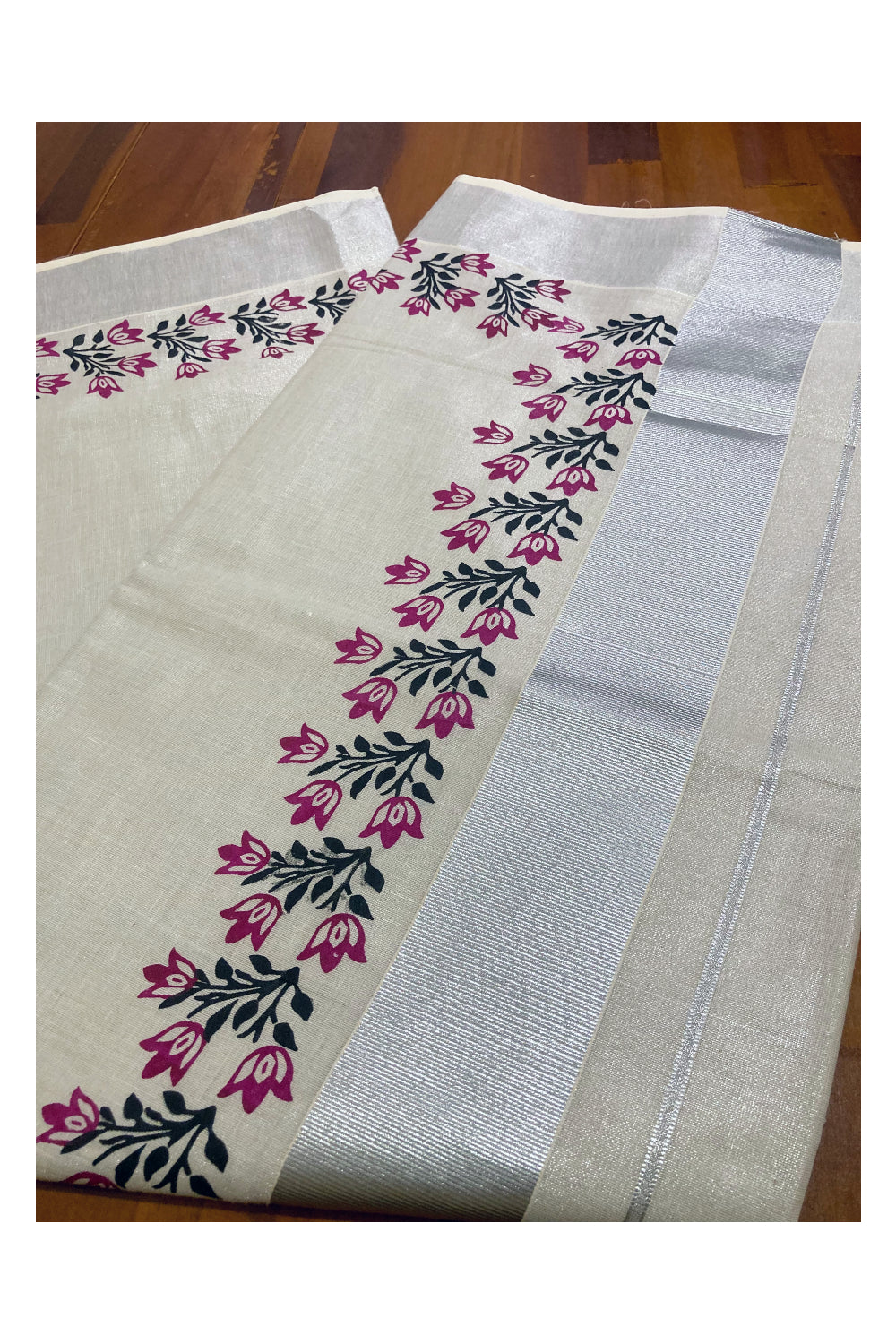 Kerala Silver Tissue Kasavu Saree with Magenta and Black Block Prints