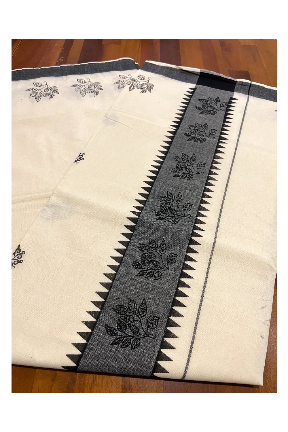 Pure Cotton Off White Kerala Saree with Black Temple Block Prints on Border (Vishu Saree 2023)