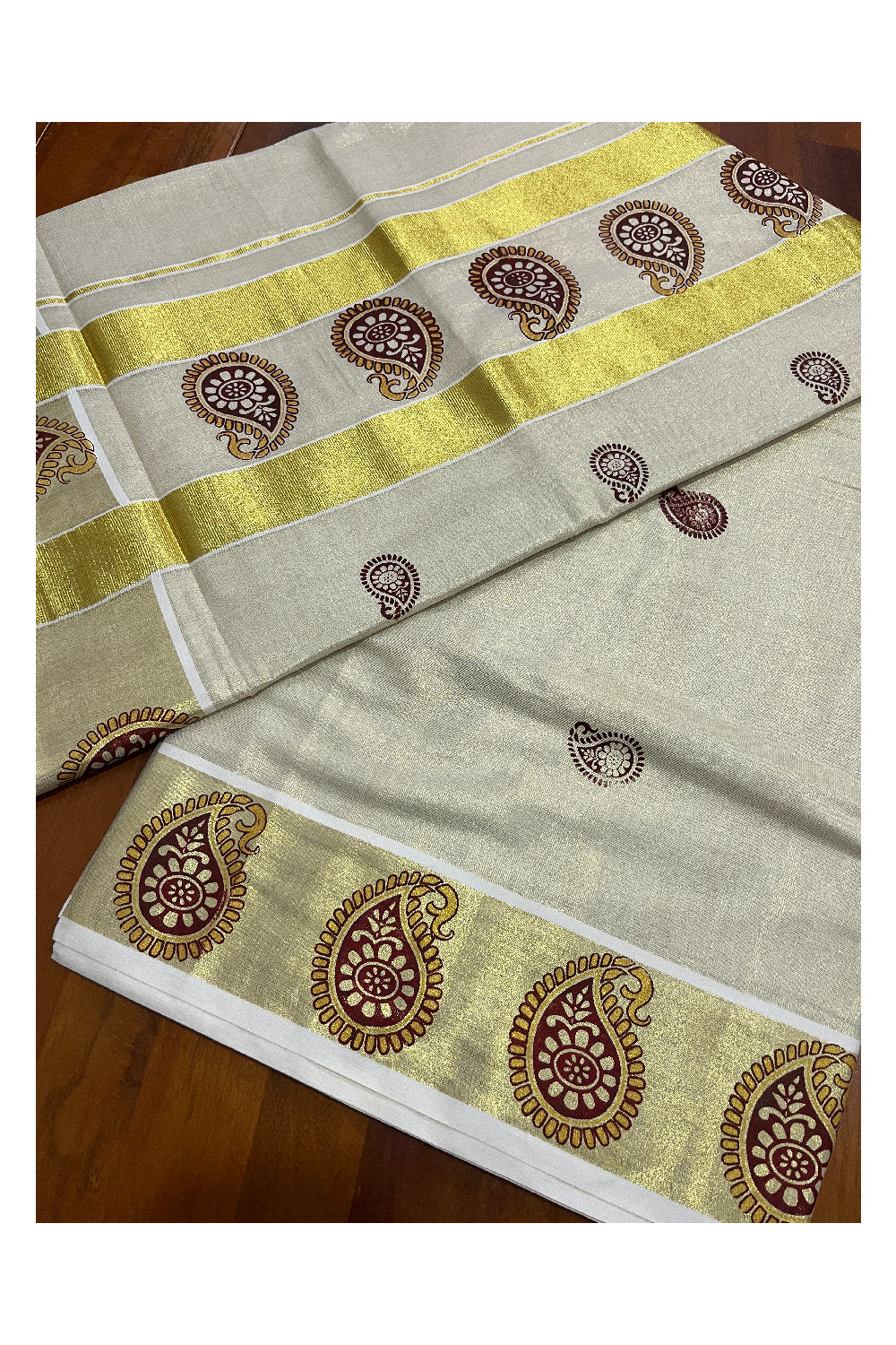 Kerala Tissue Kasavu Maroon Paisley Block Printed Design Saree