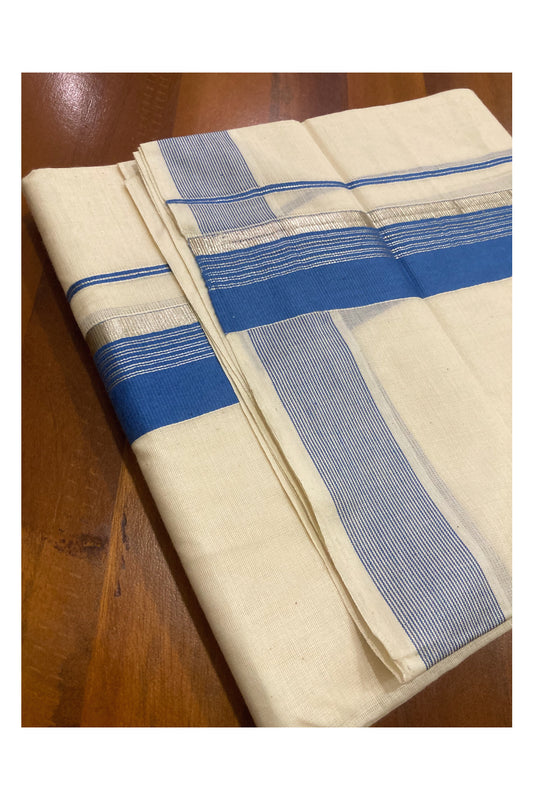 Off White Pure Cotton Double Mundu with Silver Kasavu and Blue Border (South Indian Dhoti)