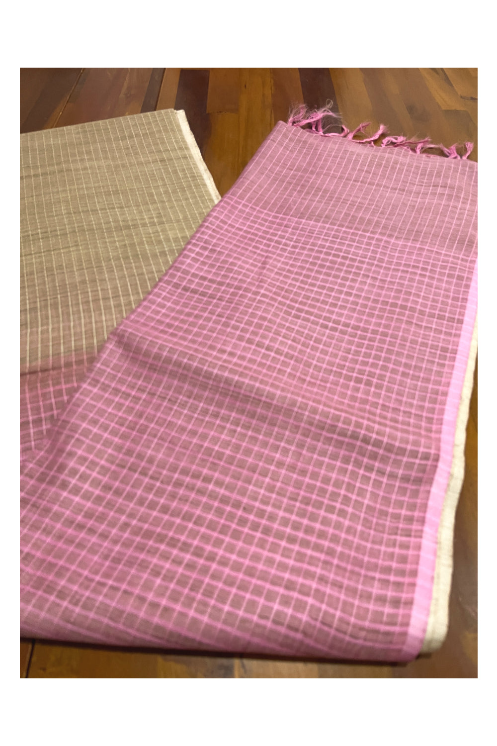 Southloom Cotton Check Design Light Brown Saree with PInk Pallu