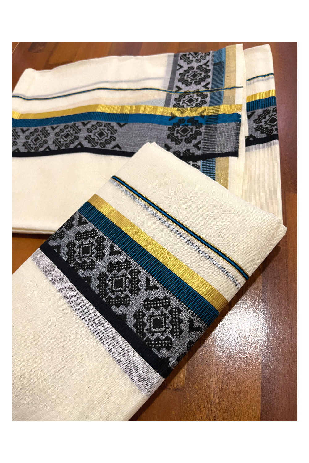 Kerala Cotton Single Kasavu Set Mundu (Mundum Neriyathum) with Black Block Prints on Blue Border