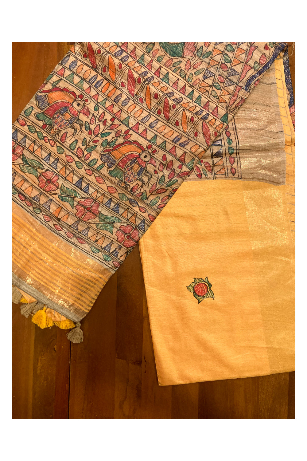 Southloom Soft Silk Orange Saree with Multi-Coloured Art Works on Pallu