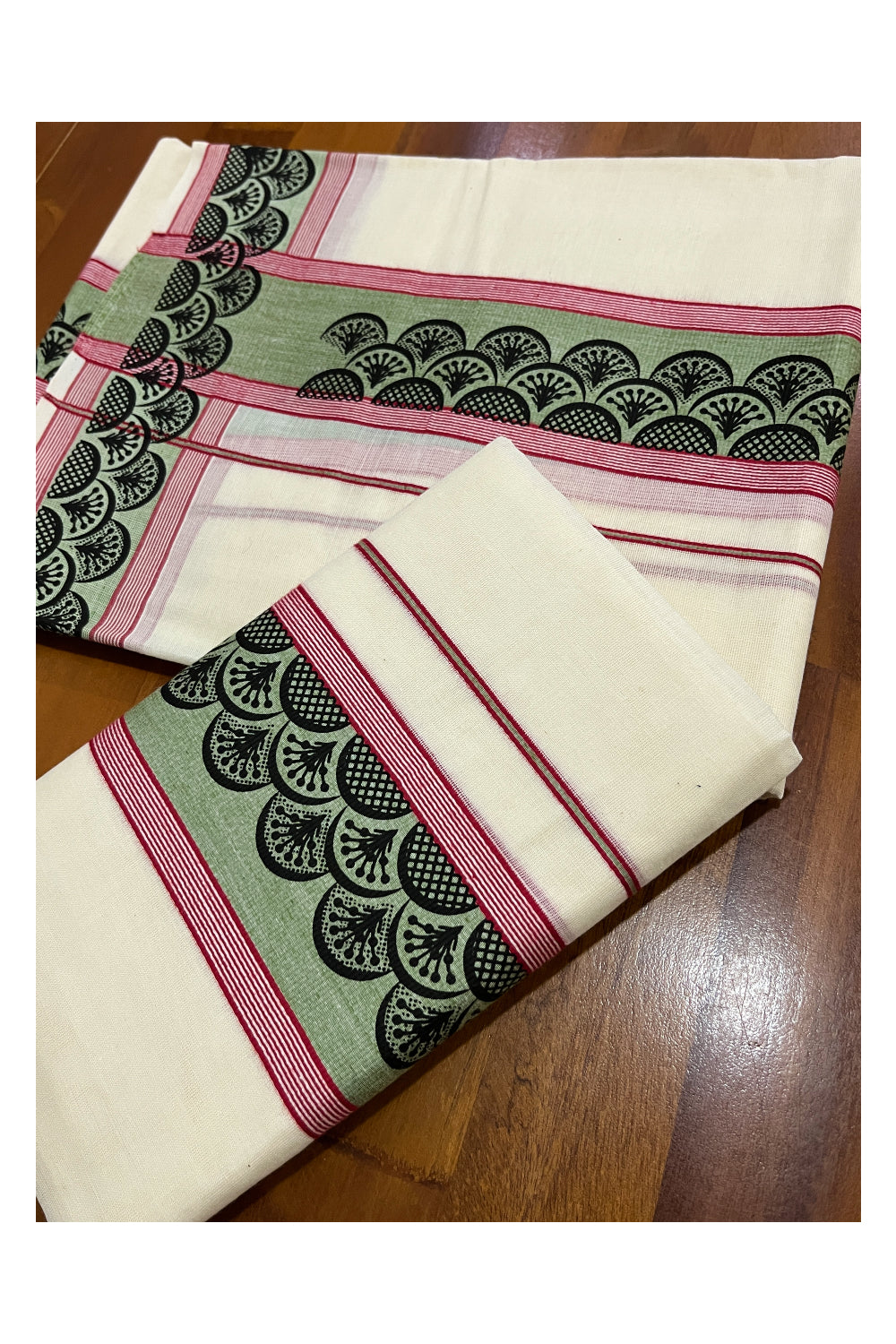 Kerala Cotton Single Set Mundu (Mundum Neriyathum) with Black Block Prints on Green Red Border