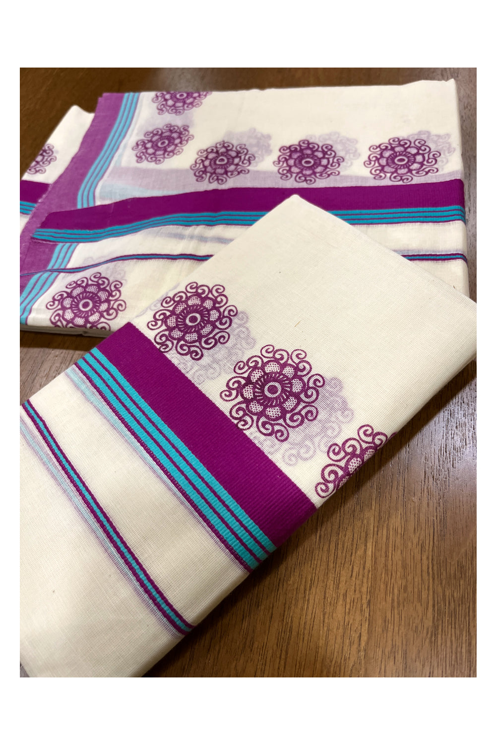 Kerala Cotton Single Set Mundu (Mundum Neriyathum) with Magenta Floral Block Prints on Border