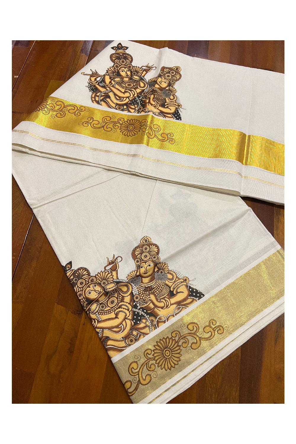 Pure Cotton Kerala Kasavu Saree with Mural Printed Brown Krishna Radha Design