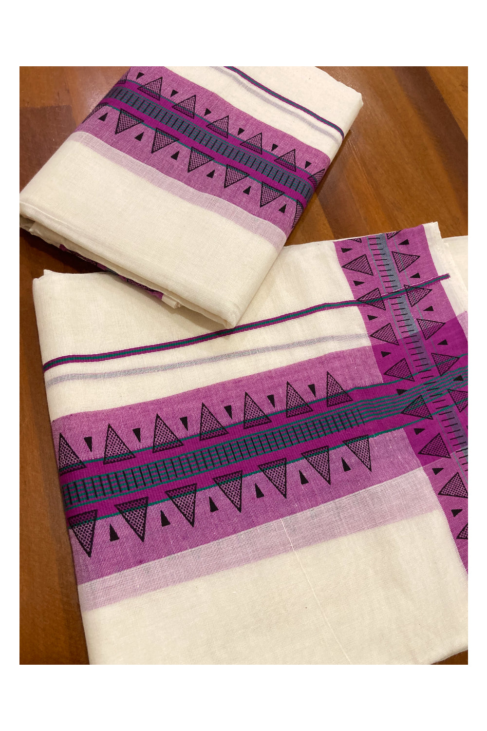 Kerala Cotton Set Mundu (Mundum Neriyathum) with Block Prints on Magenta Border