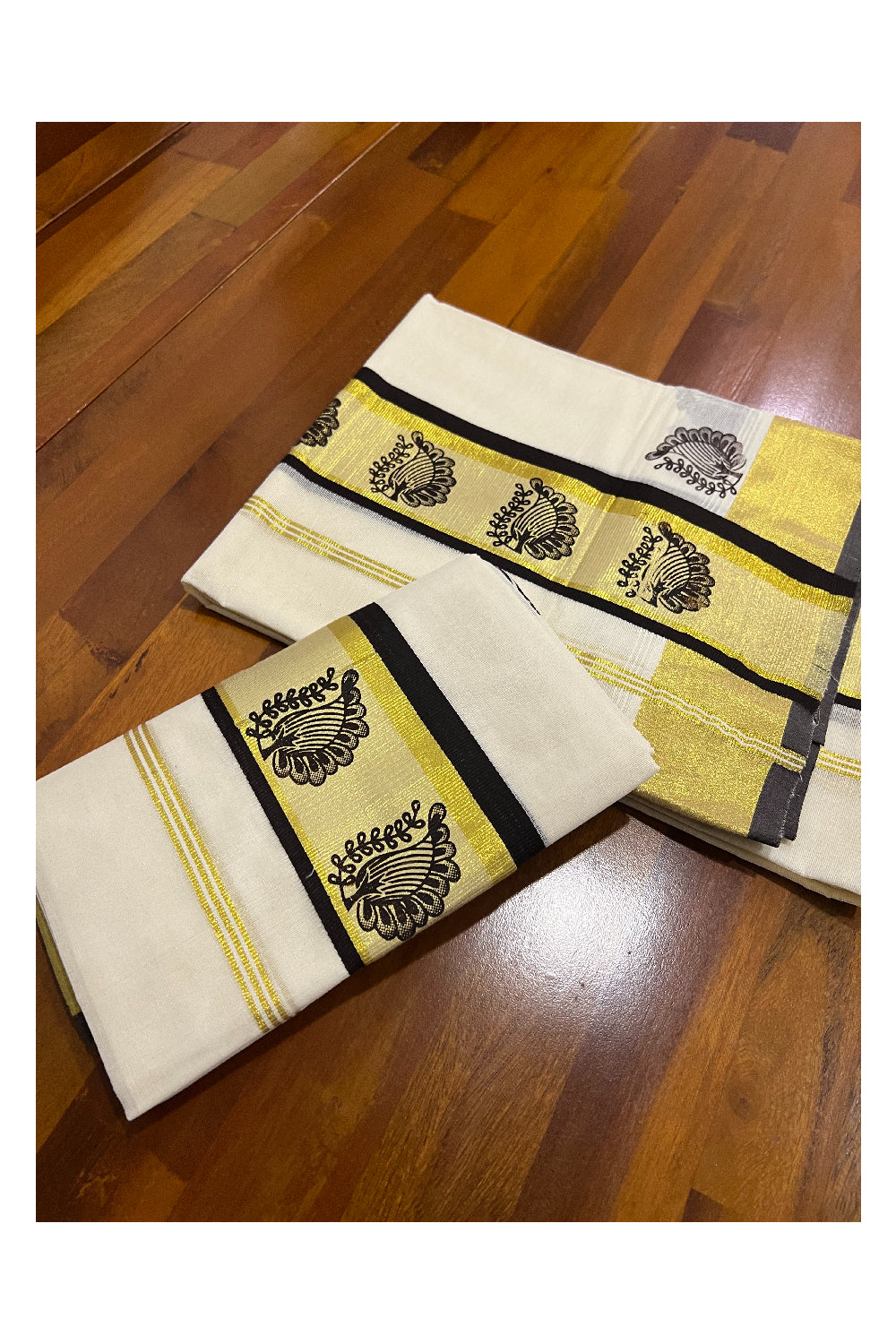 Kerala Cotton Set Mundu (Mundum Neriyathum) with Dark Brown Leaf Block Prints and Kasavu Border