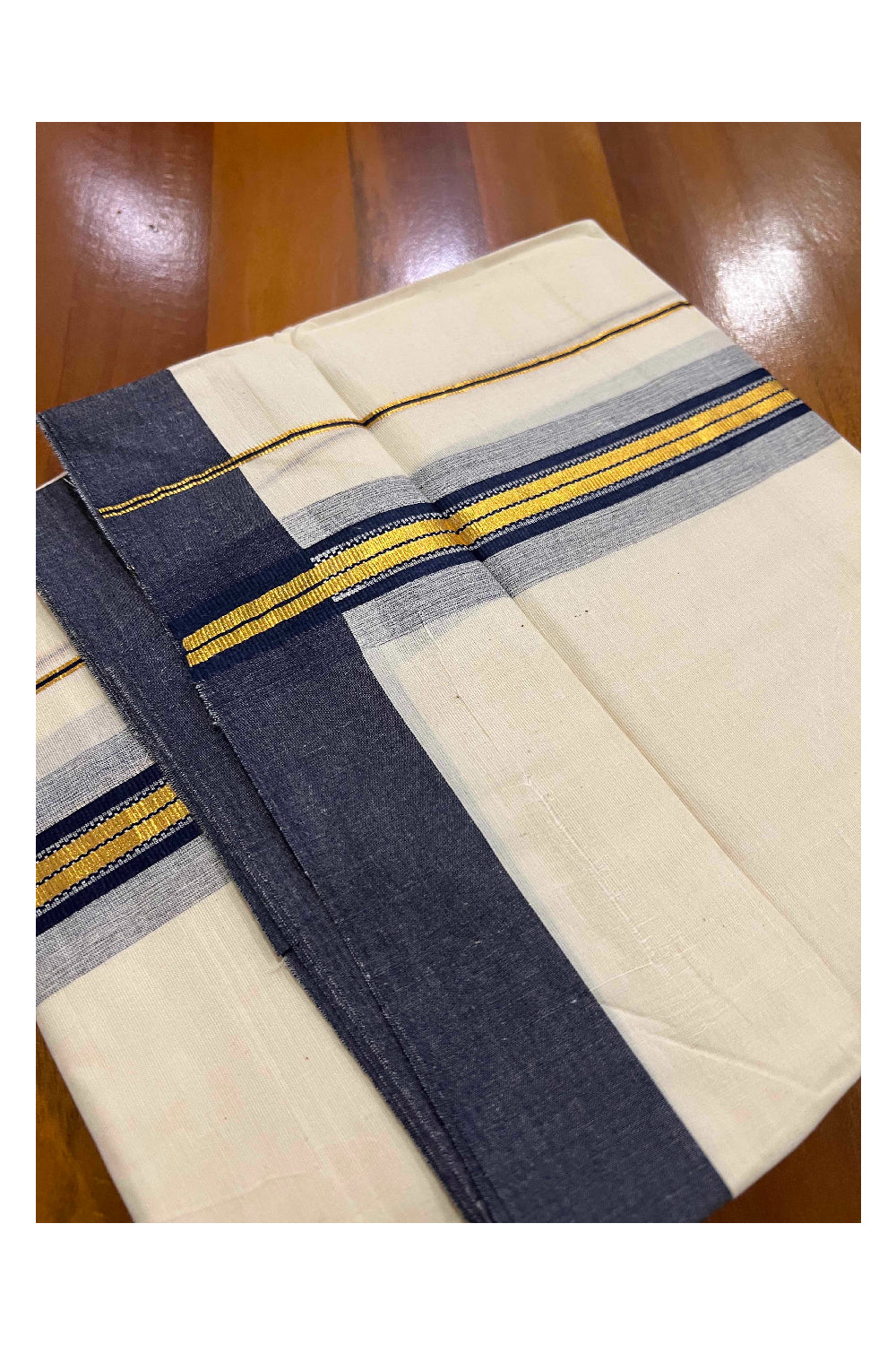 Off White Kerala Double Mundu with Kasavu and Navy Blue Border (South Indian Dhoti)