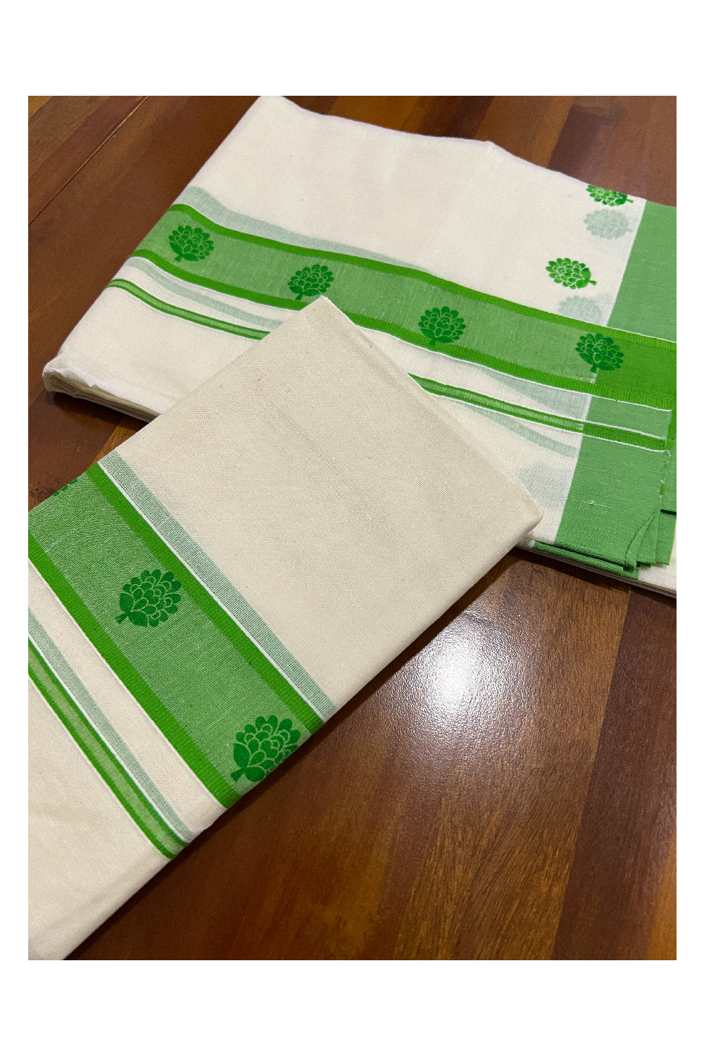 Pure Cotton Set Mundu (Mundum Neriyathum) with Light Green Floral Block Prints on Border