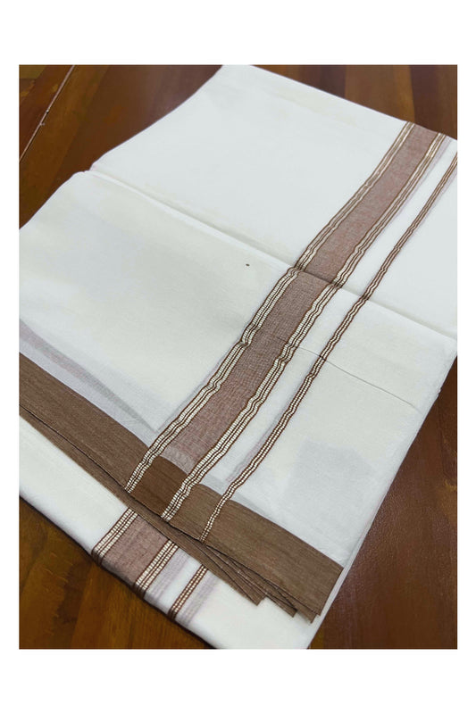 Pure White Cotton Mundu with Brown and Silver Kara (South Indian Dhoti)