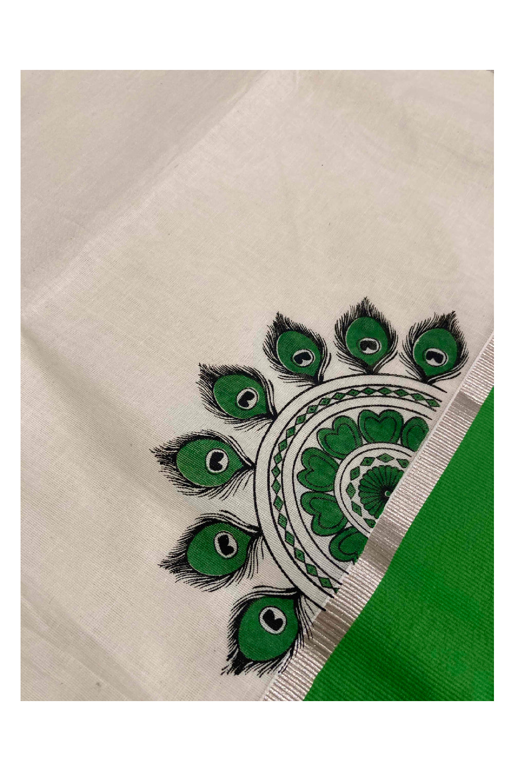 Kerala Pure Cotton Silver Kasavu Saree with Mural Printed Peacock Feather Semi Circle Green Border