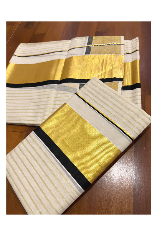 Kerala Cotton Set Mundu (Mundum Neriyathum) with Kasavu Lines on Body and Black Border 2.80 Mtrs