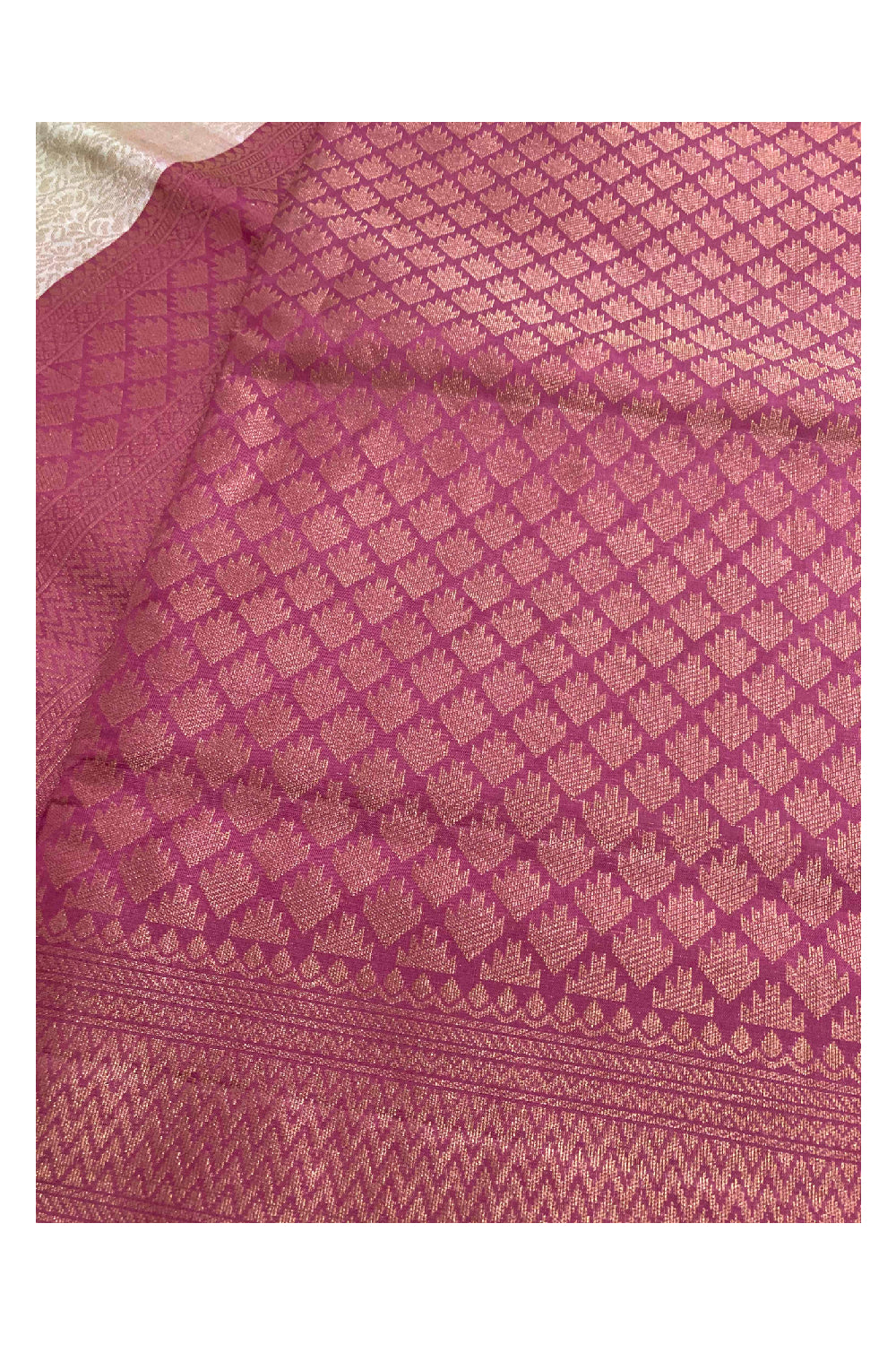 Southloom Handloom Pure Silk Kanchipuram Saree in Cream and Magenta Motifs