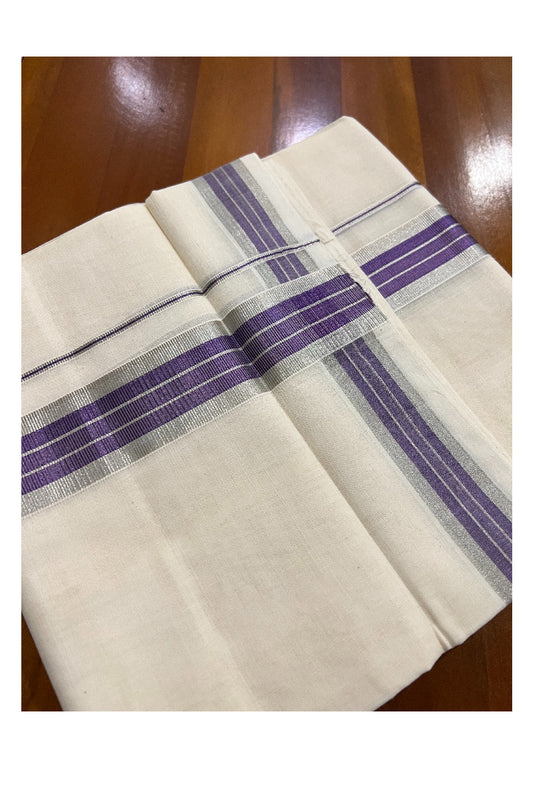 Southloom Balaramapuram Handloom Pure Cotton Mundu with Silver and Violet Kasavu Border (South Indian Dhoti)