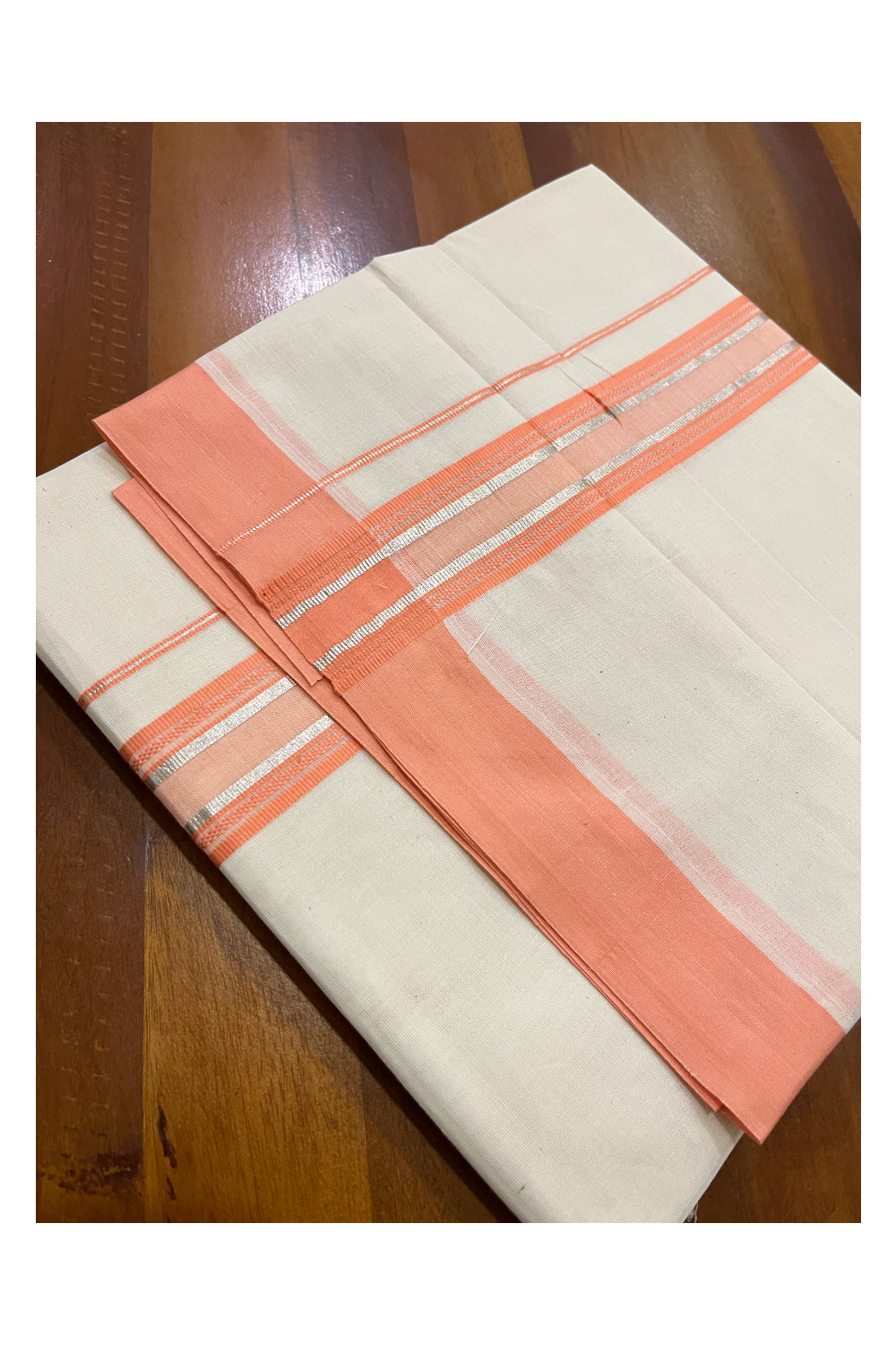 Pure Cotton Off White Double Mundu with Peach and Silver Kara (South Indian Kerala Dhoti)