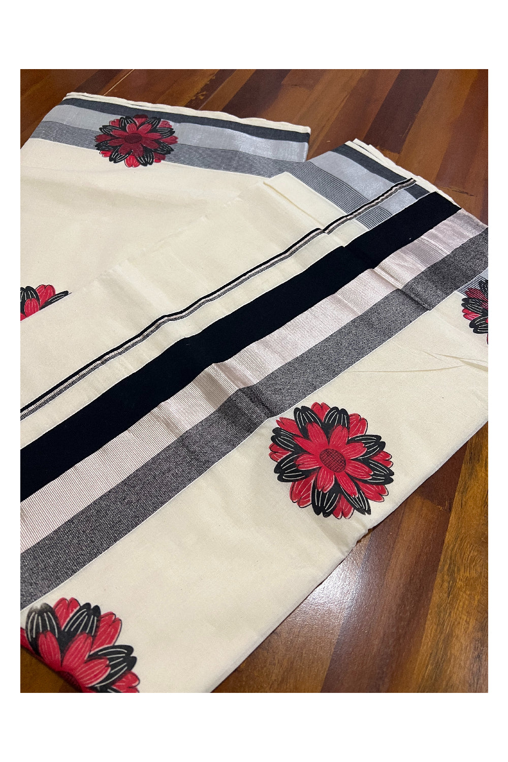 Kerala Cotton Silver Kasavu and Black Border Saree with Red Black Floral Mural Printed Design