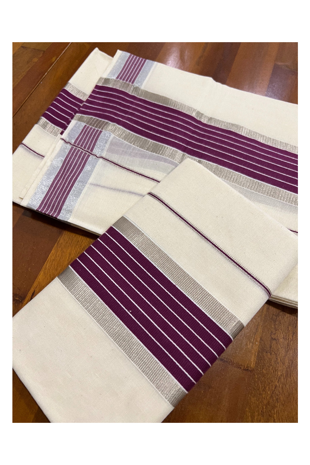 Kerala Cotton Mundum Neriyathum Single (Set Mundu) with Purple and Silver Kasavu Border