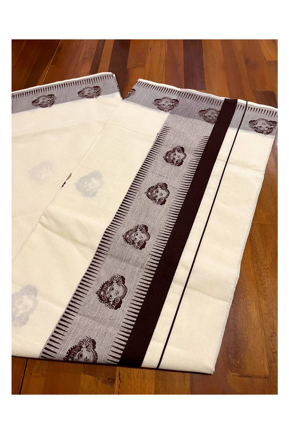 Pure Cotton Kerala Saree with Brown Krishna Block Printed Border (Vishu Saree 2023)