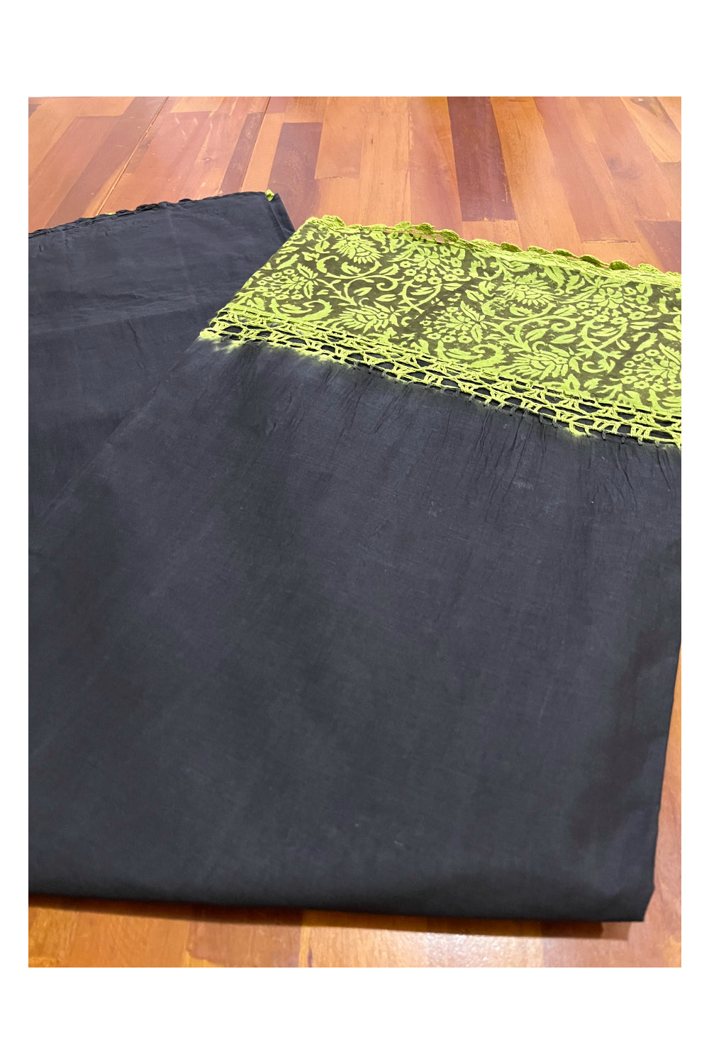 Southloom Pure Cotton Black Saree with Designer Green Crochet works on Border