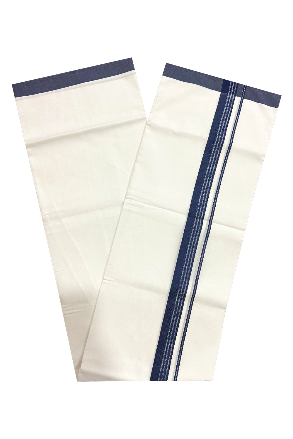 Pure White Cotton Double Mundu with Navy Blue Border (South Indian Dhoti)