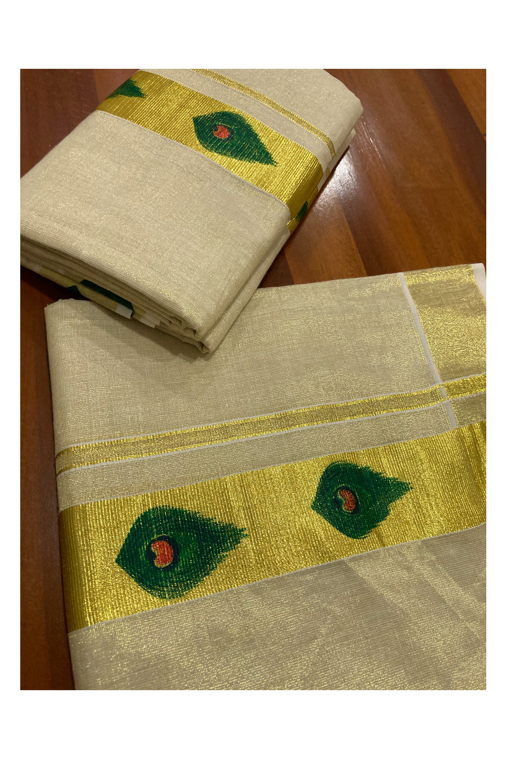 Kerala Tissue Kasavu Set Mundu (Mundum Neriyathum) with Feather Block Printed Design 2.80 Mtrs