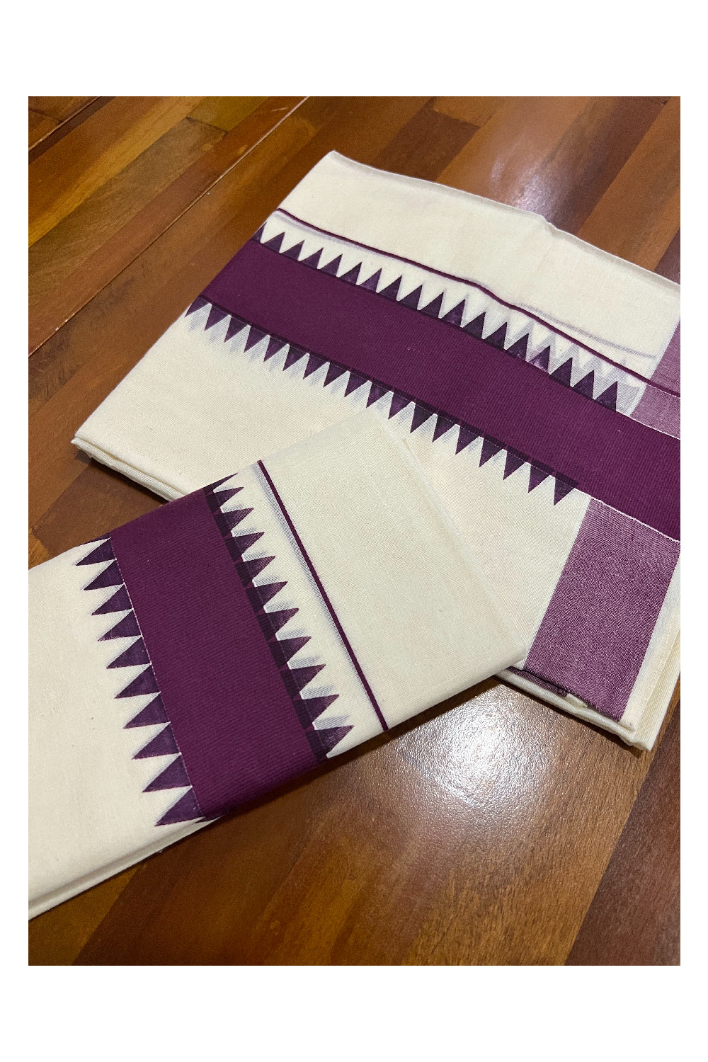 Pure Cotton Set Mundu (Mundum Neriyathum) with Purple Temple Block Prints Border