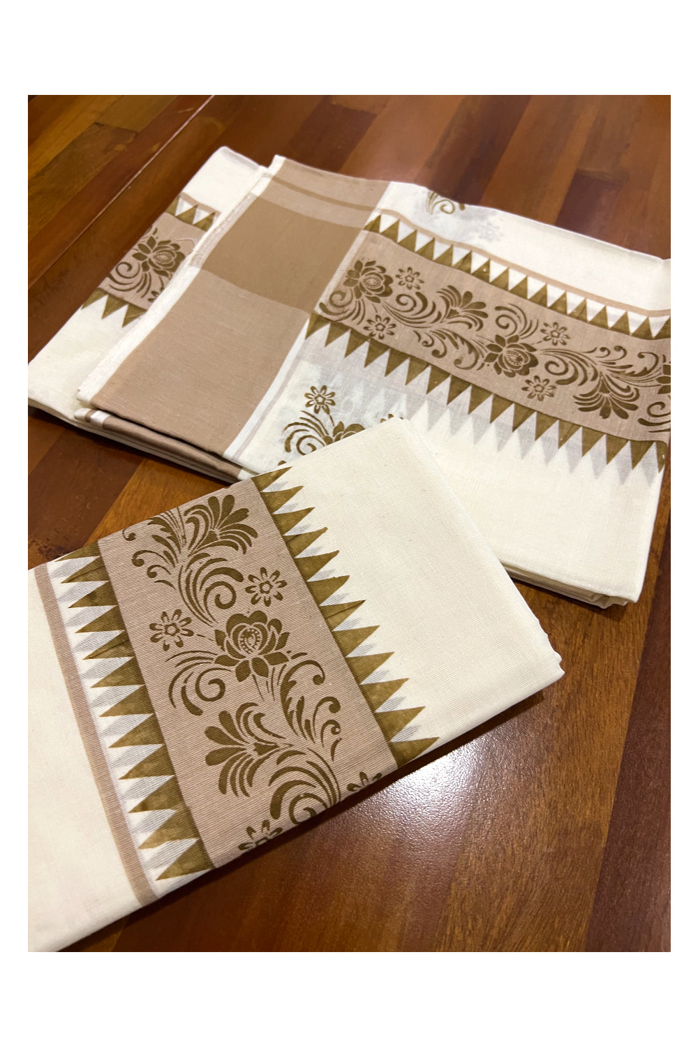 Kerala Cotton Set Mundu (Mundum Neriyathum) with Brown Floral Temple Block Prints on Border