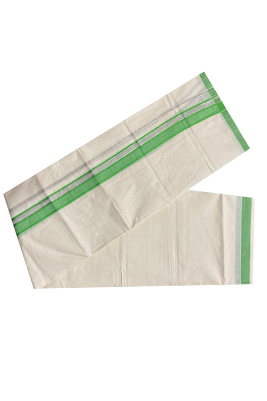 Off White Kerala Double Mundu with Silver Kasavu and Light Green Kara (South Indian Dhoti)