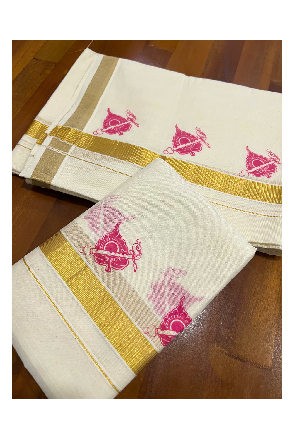 Kerala Cotton Kasavu Set Mundu (Mundum Neriyathum) with Pink Block Prints