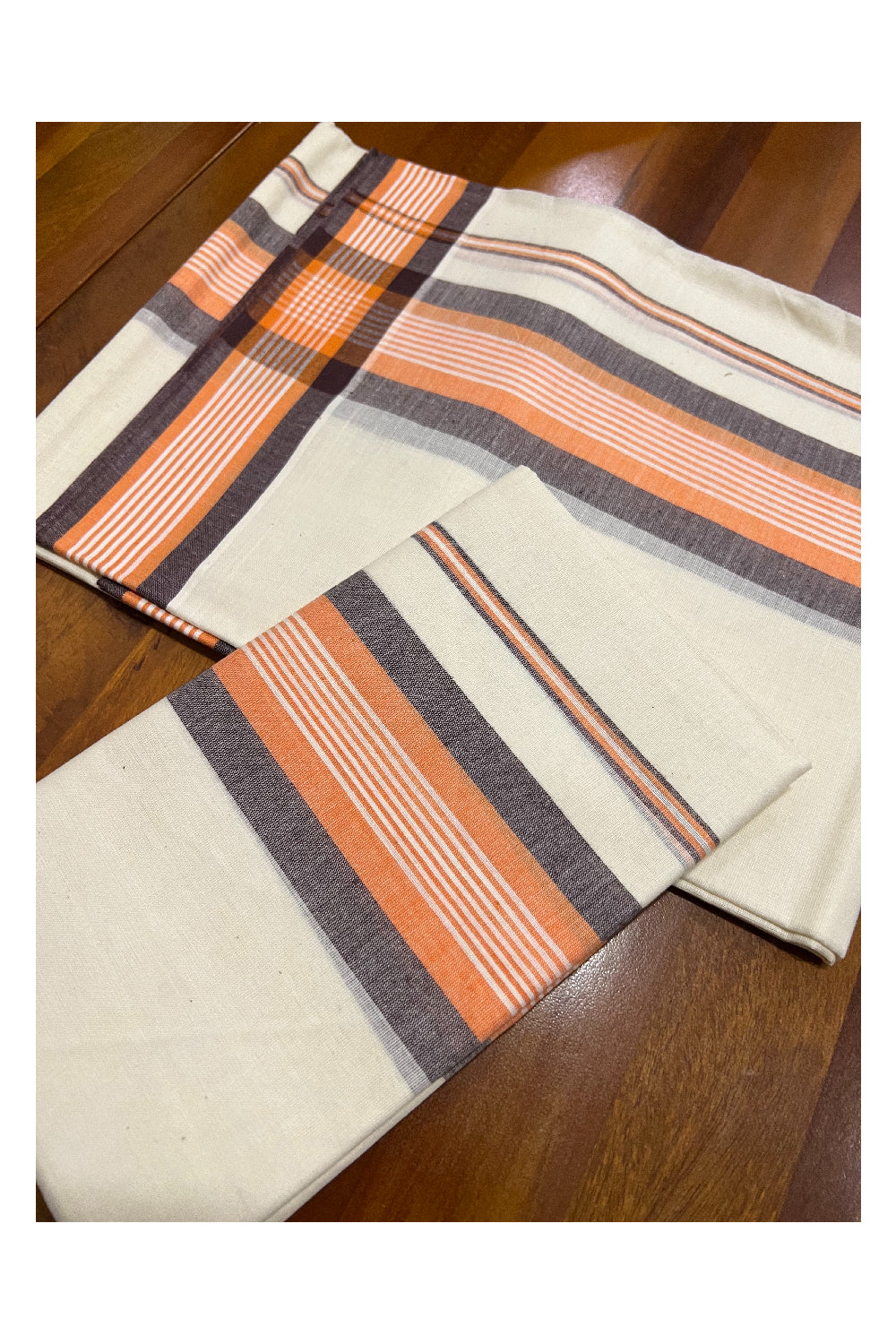 Kerala Cotton Mundum Neriyathum Single (Set Mundu) with Brown and Orange Mulloth Border (Extra Soft Cotton)