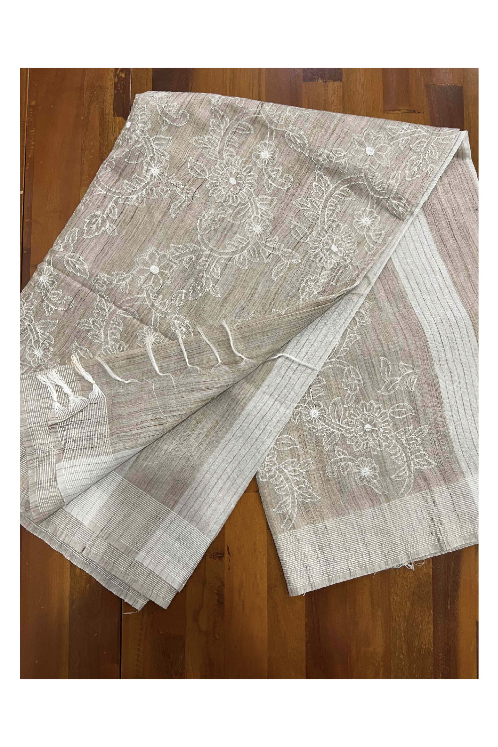 Southloom Cotton Light Brown Floral Thread Work Saree