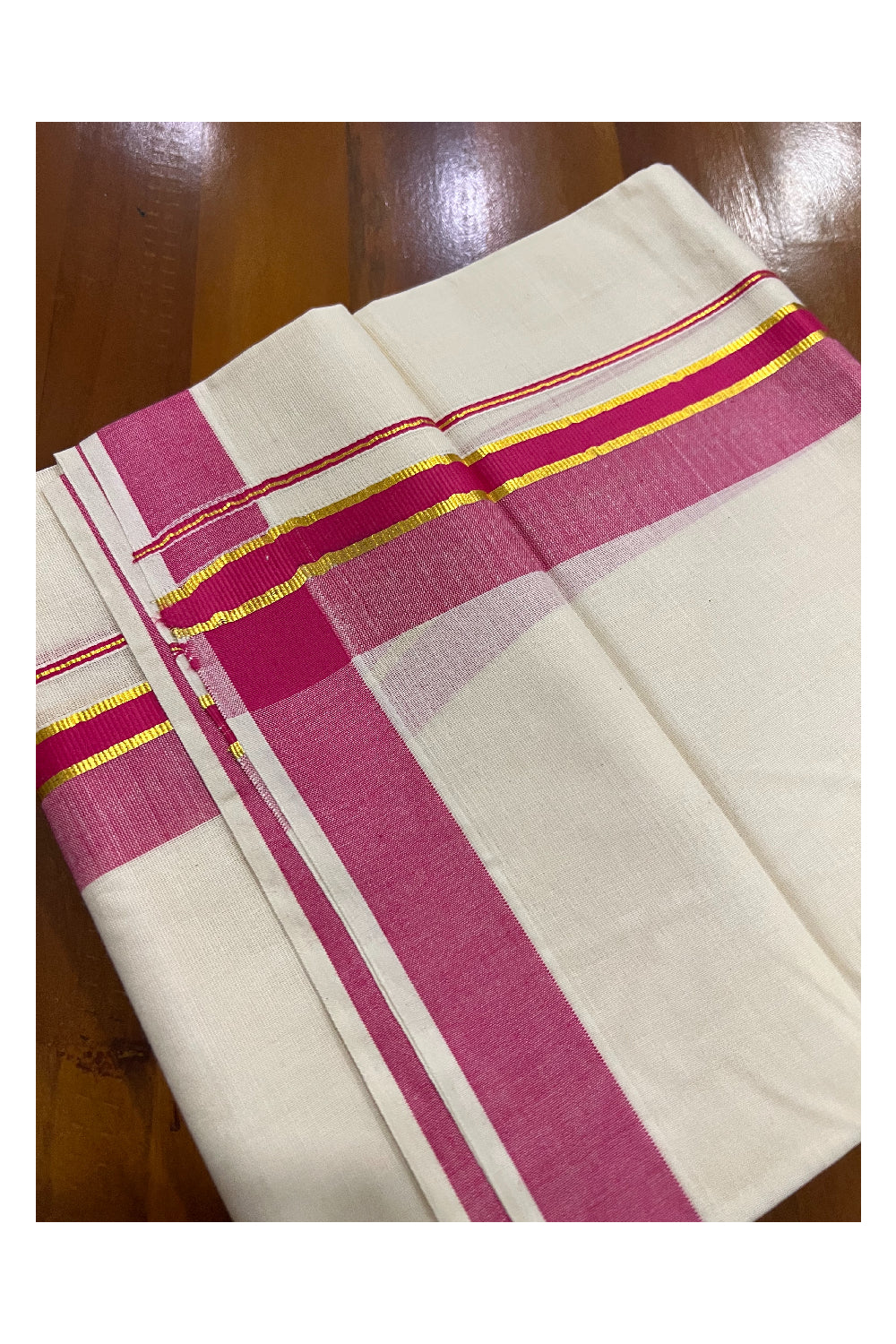 Off White Pure Cotton Double Mundu with Kasavu and Dark Pink Kara (South Indian Dhoti)