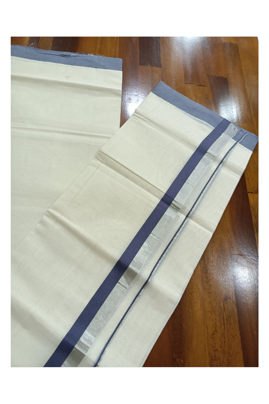 Off White Kerala Double Mundu with Silver Kasavu and Dark Grey Kara (South Indian Dhoti)