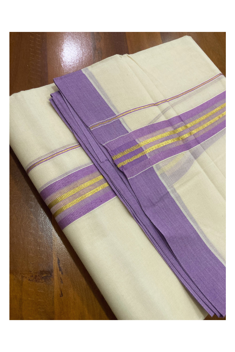 Pure Cotton Off White Double Mundu with Violet and Kasavu Border (South Indian Dhoti)