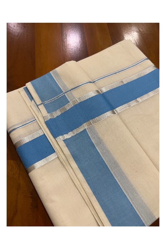 Off White Kerala Double Mundu with Silver Kasavu and Light Blue Border (South Indian Dhoti)